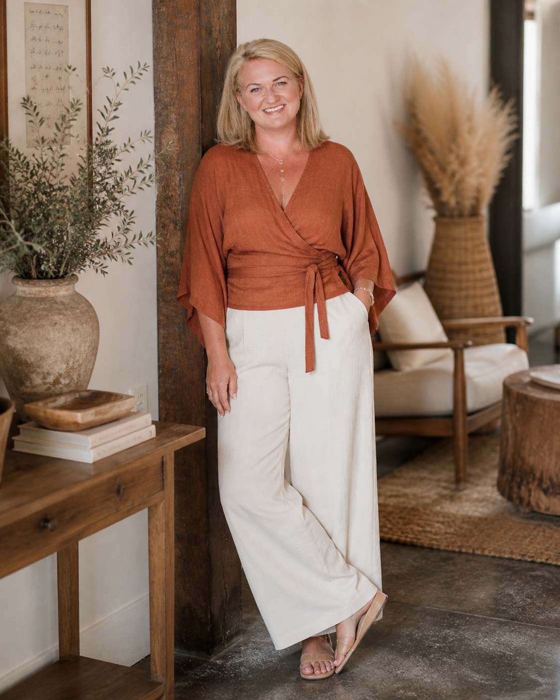 Woman in a calm, warm therapy space